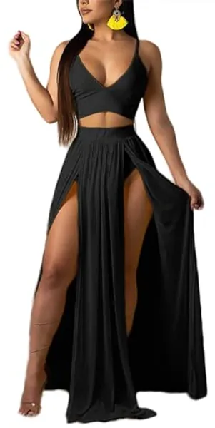 Mintsnow Women Sexy 2 Piece Outfits Dress Chiffon Strap Deep V Neck Bra Crop Top High Split Maxi Dresses Skirt Set…