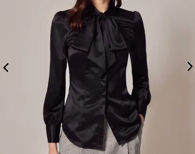 Women's Black Fitted Satin Blouse - Pussy Bow 
