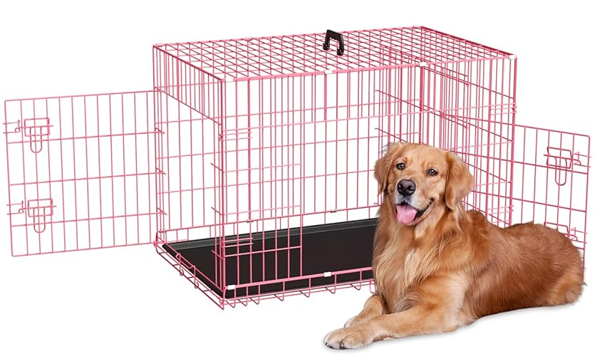 48 Inch Dog Crate Dog Kennels Folding Mental Wire Crates Dog Crates for Large Dogs Cage Outdoor Indoor Pet XL Dog Crate with Double-Door,Divider Panel, Removable Tray,Pink - 48.0"L x 29.0"W x 31.0"H - Pink