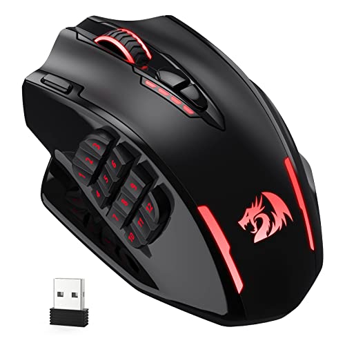 Redragon M913 Impact Elite Wireless Gaming Mouse, 16000 DPI Wired/Wireless RGB Gamer Mouse with 16 Programmable Buttons, 45 Hr Battery and Pro Optical Sensor, 12 Side Buttons MMO Mous - Black - Wireless M913