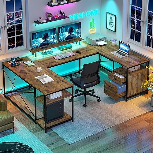 YITAHOME U Shaped Desk with Power Outlets & LED Lights, 79" Reversible L Shaped Desk with Drawers, Corner Computer Desk Office Desk with Monitor Stand & Storage Shelves, Rustic Brown - Rustic Brown