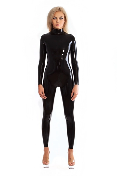Neck entry latex catsuit with double slider crotch zipper