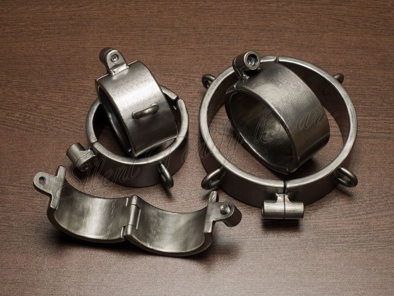 Very heavy set of 5 steel shackles (irons) for BDSM play. Metal restraints. Custom dungeon bondage equipment.