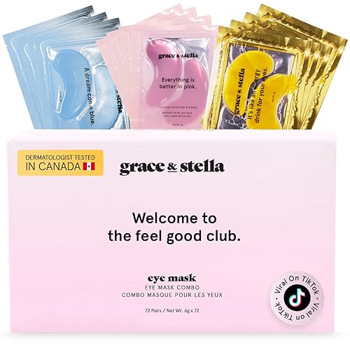Under Eye Mask - Reduce Dark Circles, Puffy Eyes, Undereye Bags, Wrinkles - Gel Under Eye Patches, Vegan Cruelty-Free Self Care by grace and stella (72 Pairs, GoldPinkBlue)24 Pair (Pack of 3) - Gold, Pink, Blue (72 Pairs)
