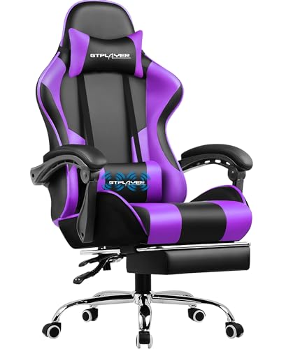 GTPLAYER Gaming Chair, Computer Chair with Footrest and Lumbar Support, Height Adjustable Game Chair with 360°-Swivel Seat and Headrest and for Office or Gaming (Purple) - Purple - Faux Leather