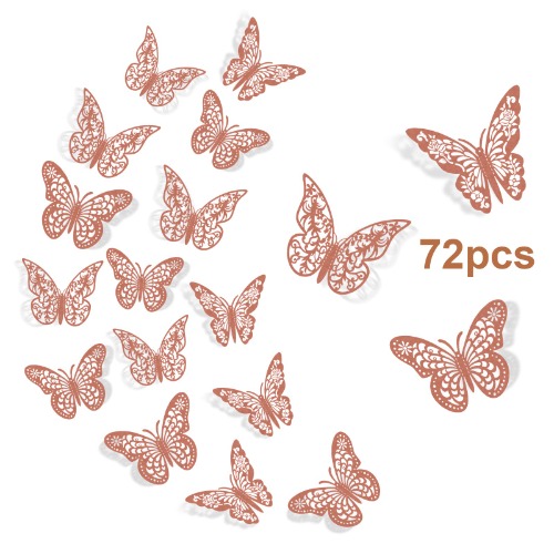 72Pcs 3D Butterfly Wall Decor Stickers, Rose Gold Butterfly Decorations 3 Styles 3 Sizes, Butterfly Party Birthday Cake Decorations, Paper Butterflies Wall Decals for Girls, Kids Bedroom, Room Decor