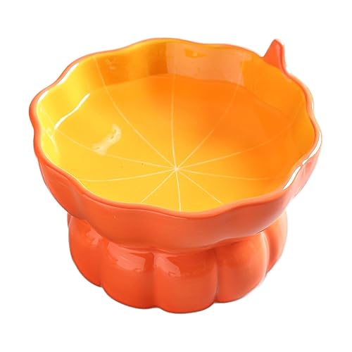 Yeexoxow Cute Pumpkin Shaped Bowl, Ceramic Raised Cat Bowl for Food or Water, Anti Vomiting & Whisker Friendly, 9 oz Small Elevated Cat Dish for Indoor Flat Faced Cats and Kitten - Pumpkin Shaped