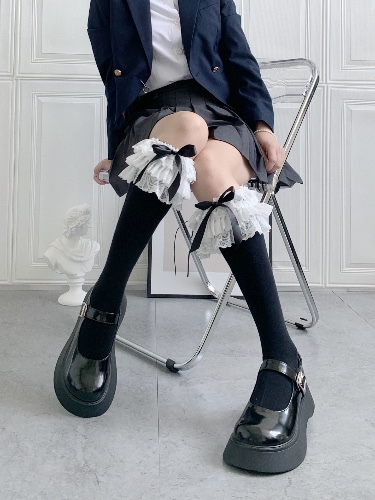 Ruffled Knee Socks - Black