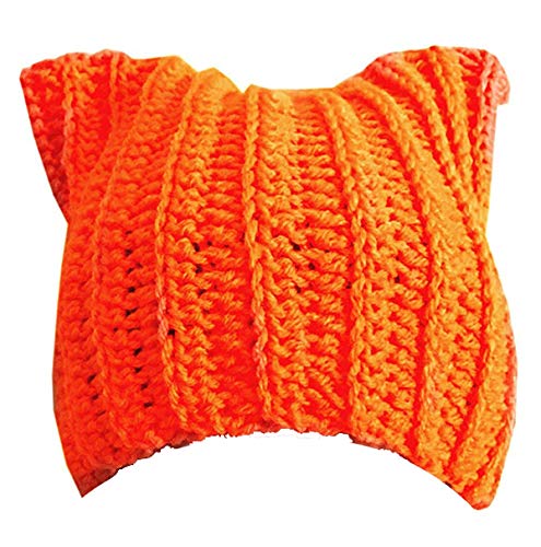 ALLDECOR Winter Handmade Knitted Pussy Cat Ear Beanie Hat for Women's March Gifts - Orange