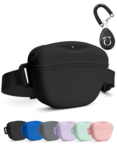 heouvo Dog Treat Pouch with Training Clicker, Upgrade Stronger Magnetic Closure to Avoid Spilling, 1.67 Cup Silicone Treat Bag Fanny Pack with Waist Belt for Pet Training Walking (Black) - Black