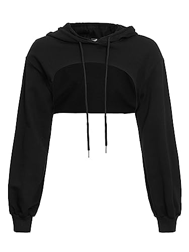 GORGLITTER Women's Cut Out Drawstring Hoodie Y2K Crop Tops Long Sleeve Sweatshirt Pullover Top - XL - Black