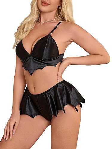 SOLY HUX Womens Lingerie Set Spaghetti Strap 2 Piece Goth Wireless Bras and Panties Set - Large - Solid Black