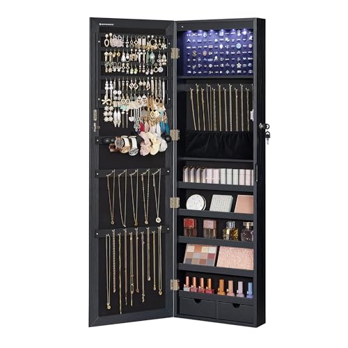 SONGMICS 6 LEDs Mirror Jewelry Cabinet, 47.2-Inch Tall Lockable Wall or Door Mounted Jewelry Armoire Organizer with Mirror, 2 Drawers, 3.9 x 14.6 x 47.2 Inches, Black UJJC093B01 - Black