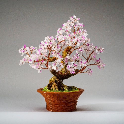 Genuine Clear Quartz with Rose Quartz Beads Bonsai Gemstone Tree in Round Basket Ceramic Pot 9”