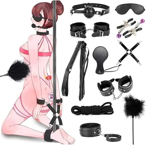 11 PCS SM Bondage Set, Extreme Sex, BDSM Bondage Sex Set for Couples, Handcuffs, Nipple Clamps, Gag and Eye Mask, Erotic SM Sex Toys for Beginners and SM Enthusiasts (Black)