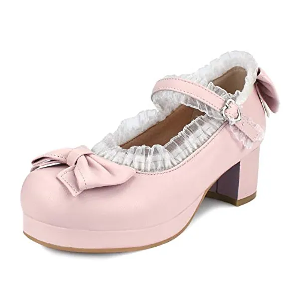 100FIXEO Womens Platform Mary Jane Shoes Ankle Strap Kawaii Block Mid Thick Heel Pumps with Bow and Lace