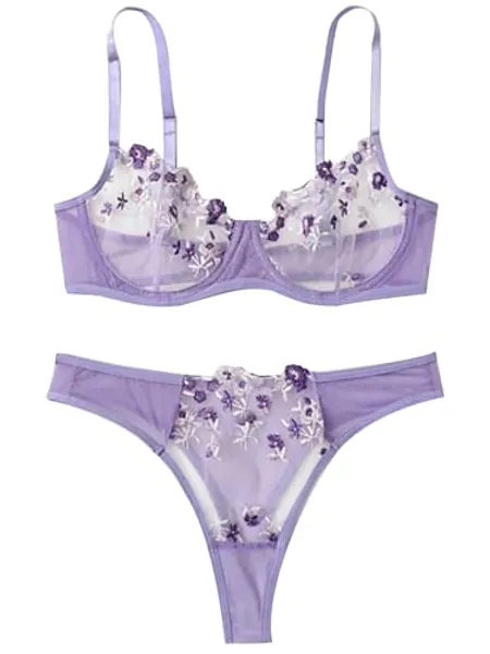 Aphrotiny Womens Lingerie Set 2 Piece Floral Embroidery Matching Bra and Panty Sets Underwire Mesh Floral Lingerie for Women