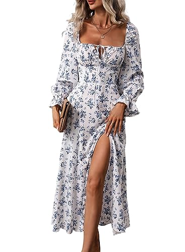 BLENCOT Casual Women's Square Neck Long Sleeve Split Thigh Dress Boho Floral Print A-line Tie Front Maxi Dresses - Blue Floral - Medium