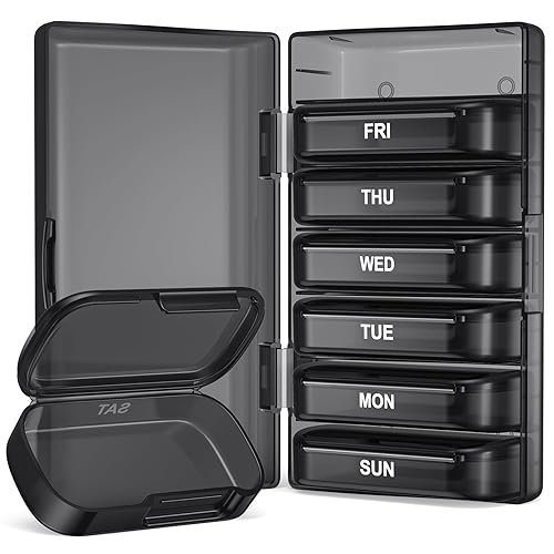 PULIV Pill Organizer with Large Capacity, Dual Protection Pill Box 7 Day, Arthritis Friendly Pill Case Easy to Open, Weekly Medicine Organizer for Vitamins, Medications, Fish Oils, Supplements (Black) - Black