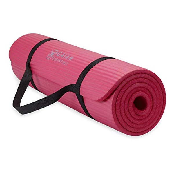 Gaiam Essentials Thick Yoga Mat Fitness & Exercise Mat with Easy-Cinch Yoga Mat Carrier Strap, 72"L x 24"W x 2/5 Inch Thick - Pink