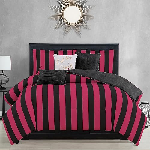 Juicy Couture Cabana Stripe Reversible Bedding Set - King Size - Black and Hot Pink Stripe Print – 6 Piece Set – Includes 1 104" x 90" Comforter, 3 Decorative Pillows, 2 Shams - Black/Hot Pink - King