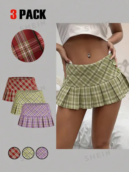 SHEIN ICON Y2K Plaid Pleated Mini Skirt (Pack Of 3)