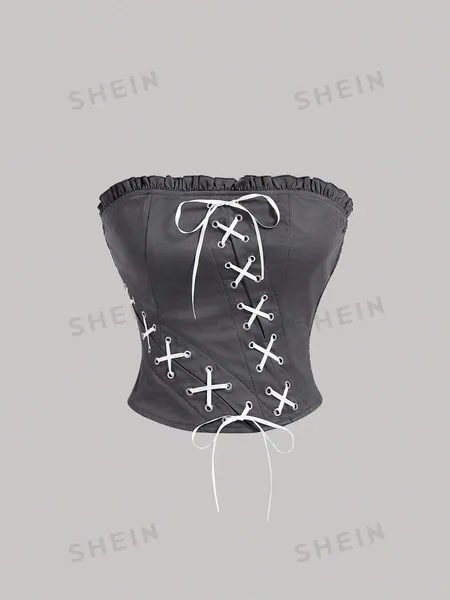 SHEIN MOD Women's Gray Deconstructed Strapless Top With Ruffle Bow, Back To School Clothes,Gray Top,Coquette Tops,Corset Top