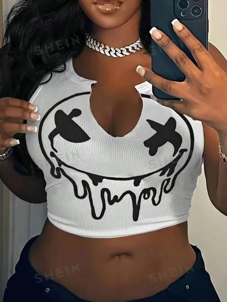 SHEIN Slayr Women's Sleeveless Crop Top With Expression Print And Notched Collar