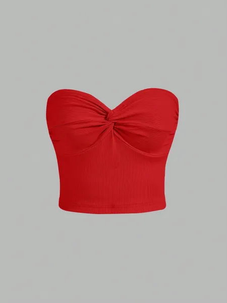SHEIN MOD Twist Front Ribbed Knit Tube Bodycon Red Top