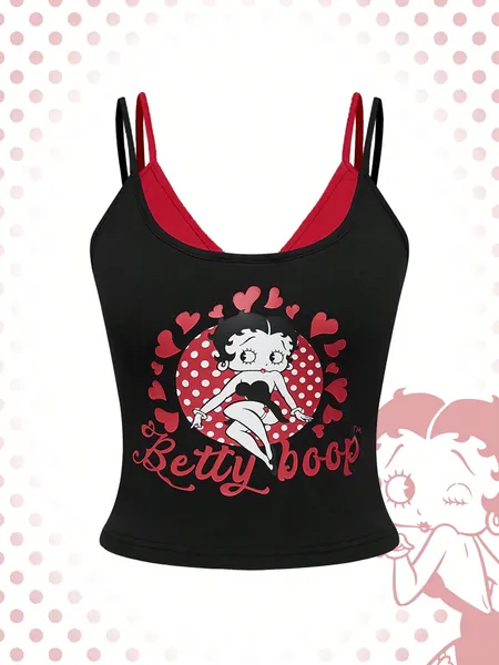 Betty Boop | ROMWE Women's Casual Cartoon Letter Printed Color Block 2 In 1 Cami Top For Summer