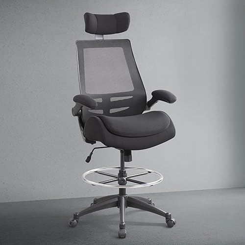 BOLISS High-Back Ergonomic Office Mesh Drafting Chair,Tall Office Chair, Standing Desk Chair,Adjustable Headrest,Molded Foam Seat Double Seat Cushion,with Flip-Up Arms,Lumbar Support -Black - BLS-2818HDS - Black