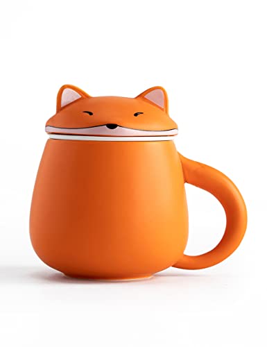 TANG PIN Orange Fox Mug with Infuser Ceramic Infusion Mug 13.5 OZ Animal Coffee Mug (Orange) - Orange