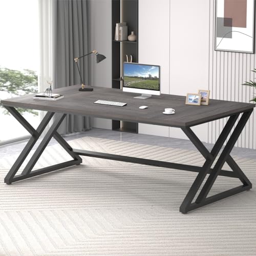 LVB Long Rustic Computer Desk, Industrial Large Wood Metal Office Desk, Modern Pc Study Gaming Writing Table for Two Person, Workstation Executive Desk for Home Bedroom Living Room, Dark Gray, 70 Inch - Dark Gray Oak