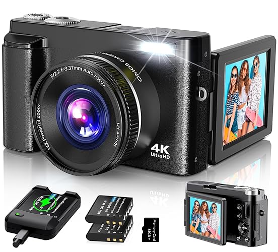 4K Digital Camera for Photography Autofocus, 2024 Latest 48MP Vlogging Camera for YouTube with SD Card, 2 Batteries, 3" 180°Flip Screen Compact Travel Camera for Teens with 16X Zoom, Anti-Shake,Black - Black