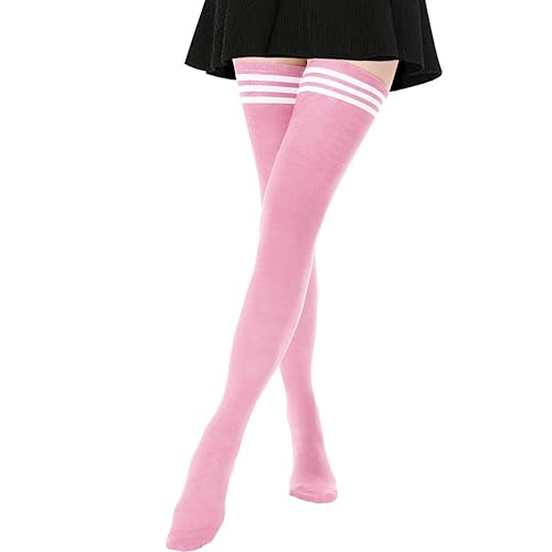 DRESHOW Extra Long High Thigh Socks Striped Over Knee Thin Tights Long Stocking - 1 Pair Longer/Regular: Pink (White Stripe) - 1