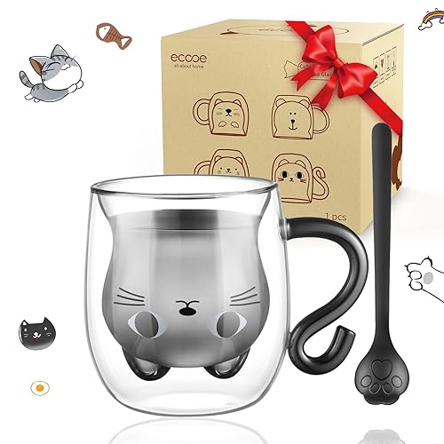 ecooe Cute Cat Mug Double Walled Glass Mug 290ml Coffee Cup Cappuccino Latte Glass Milk Tea Cup, Birthday Christmas Valentine's Day Cat for Women Wife Mum Girls Boys Kids Friends Cat Lovers - Type1-black Cat