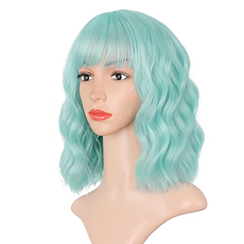 LNERATO Mint Green Wig Short Wavy Bob Green Wigs for Women Shoulder Length Green Wig with Bangs Synthetic Colored Wigs for Cosplay Party Halloween Use 12inches(Green Wig) - Mint Green