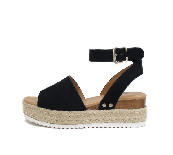 Soda Topic Open Toe Buckle Ankle Strap Espadrilles Flatform Wedge Casual Sandal - 6 Black