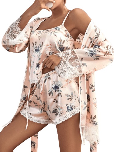 Verdusa Women's 3 Piece Floral Satin Lace Trim Cami Top & Shorts Pajama Set with Robe - Small Pink