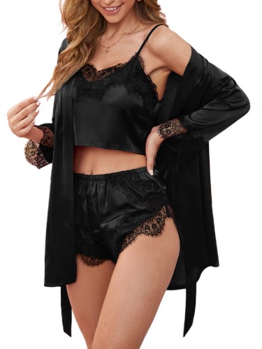 Verdusa Women's 3 Piece Floral Satin Lace Trim Cami Top & Shorts Pajama Set with Robe