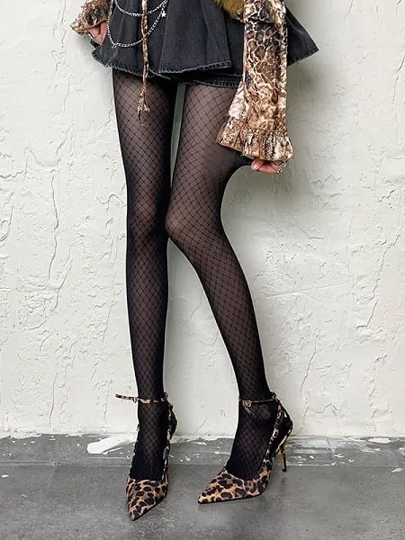 [$7.09]Black Y2K Diamond Pattern  Tights