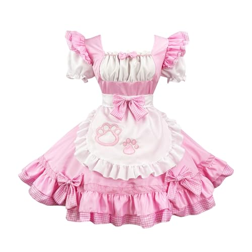 Women's Lolita French Maid Outfit Halloween Cosplay Anime Costume Short Sleeve Ruffle Trim Bow Plaid Patchwork Dress - Red - Medium