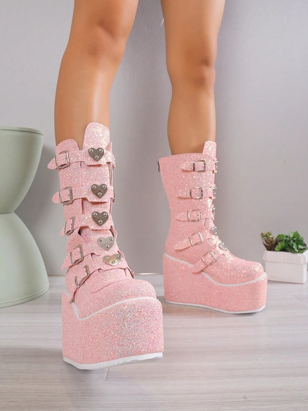 Women Metal Heart & Buckle Decor Wedge Boots, Glamorous Pink Glitter Boots For Outdoor