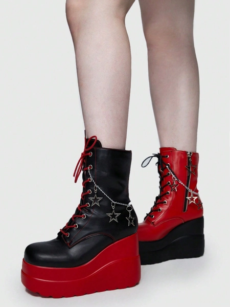 ROMWE Avant Women Two Tone Star Chain Decor Lace-up Front Costume Wedge Boots, Cool Outdoor Fashion Boots
