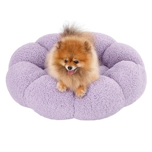 Lesure Calming Small Dog Bed - Flower Donut Round Fluffy Puppy Bed in Plush Teddy Sherpa, Non-Slip Cute Flower Cat Beds for Indoor Cats, Small Pet Bed Fits up to 25 lbs, Machine Washable, Purple 23" - 23.0"L x 23.0"W x 8.0"Th - Purple