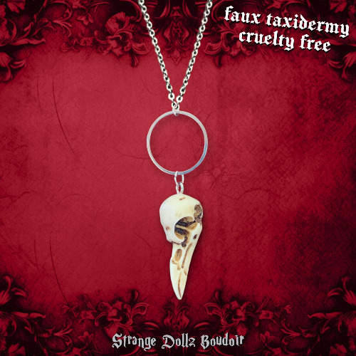 Raven skull necklace, Faux taxidermy, Witchy Gothic, Strange Dollz Boudoir