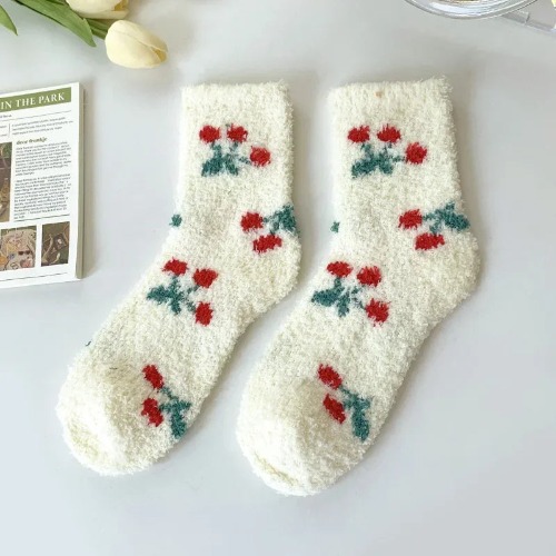 Cozy Fluffy Cute Floral Spring Socks - Cherry / EUR 34-39