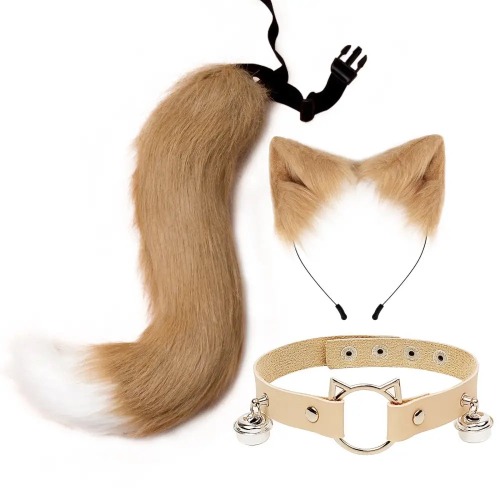 Sly Fox Tail Ear and Collar Set for Fun Petplay Adventures - Khaki & White