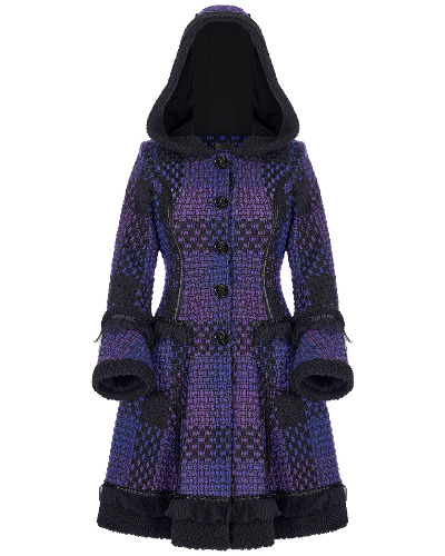 Pyon Pyon Womens Gothic Lolita Hooded Coat - Black & Purple Check | L - UK Womens Size 12