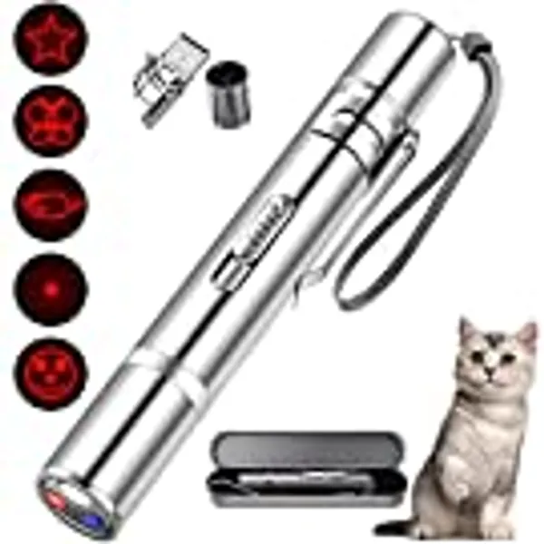 Cat Toys,7 in 1 Function Interactive Cat Toys 3 Lights Modes Led Pointer Cute Kitten Toys for Indoor Cats,Funny Pet Chaser Toy Exercising Training Tool for Cat -Sliver Iron Box Packaging